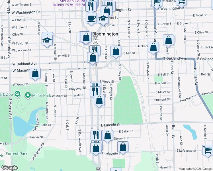 map of restaurants, bars, coffee shops, grocery stores, and more near 806 South East Street in Bloomington