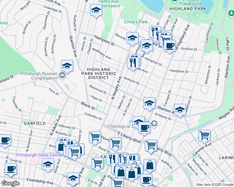 map of restaurants, bars, coffee shops, grocery stores, and more near in Pittsburgh