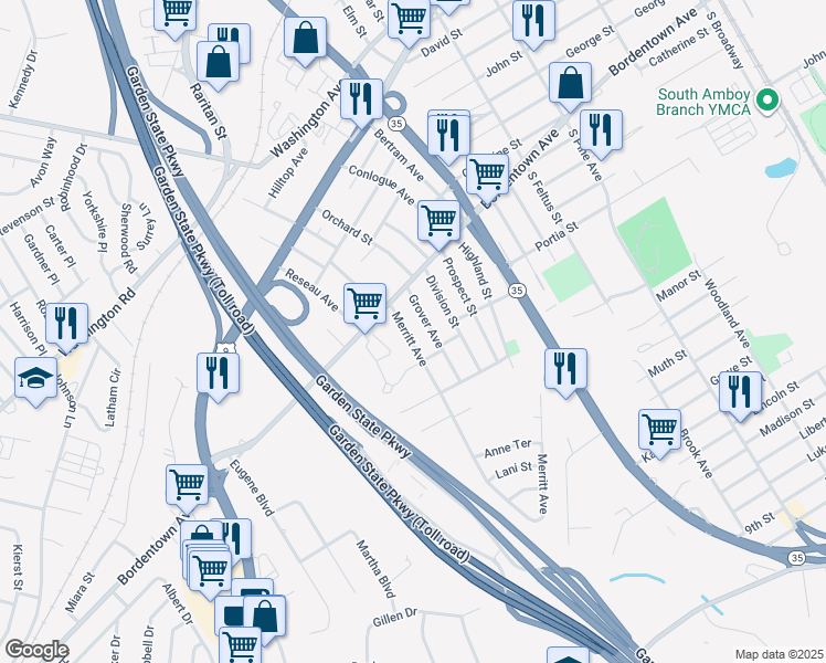 map of restaurants, bars, coffee shops, grocery stores, and more near 11 Merritt Avenue in South Amboy