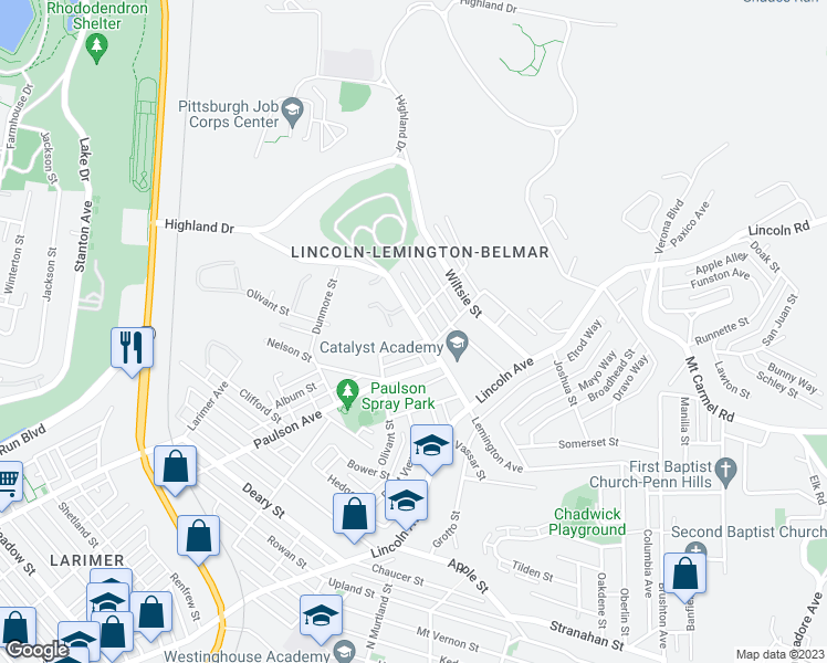 map of restaurants, bars, coffee shops, grocery stores, and more near 7010 Churchland Street in Pittsburgh