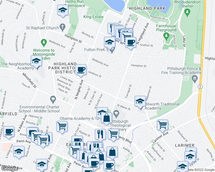 map of restaurants, bars, coffee shops, grocery stores, and more near 838 North Saint Clair Street in Pittsburgh