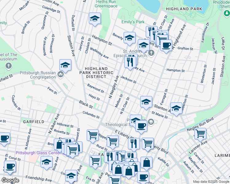map of restaurants, bars, coffee shops, grocery stores, and more near in Pittsburgh