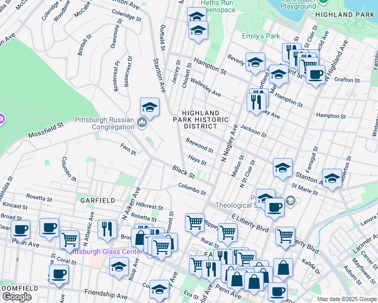 map of restaurants, bars, coffee shops, grocery stores, and more near 5443 Baywood Street in Pittsburgh