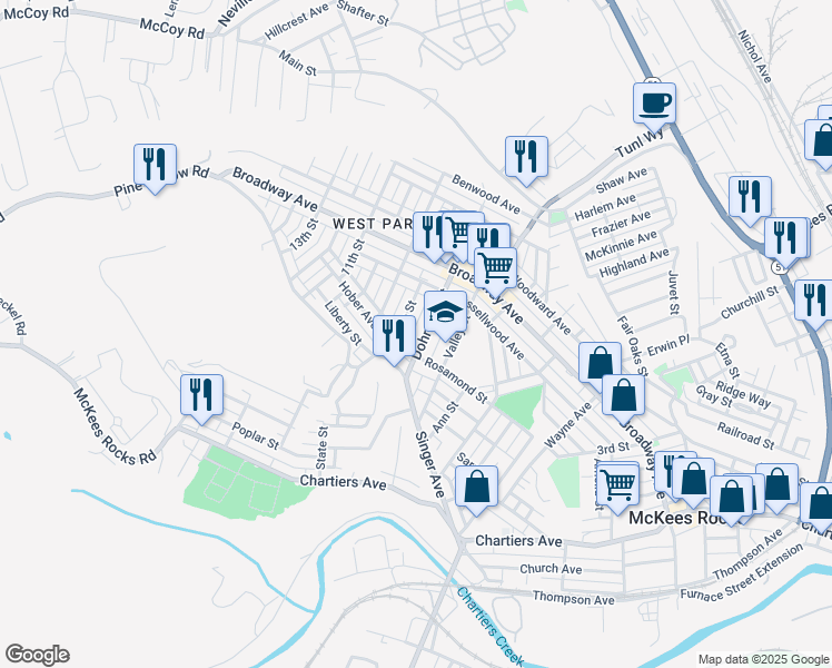 map of restaurants, bars, coffee shops, grocery stores, and more near 1138a Dohrman Street in McKees Rocks