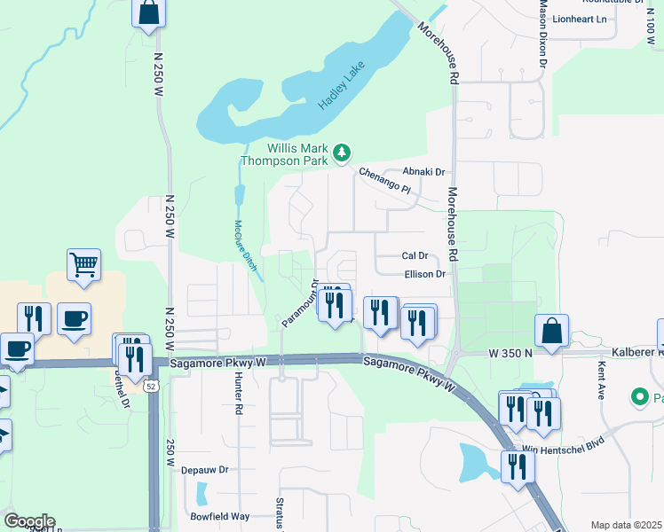 map of restaurants, bars, coffee shops, grocery stores, and more near 2066 Puget Drive in West Lafayette