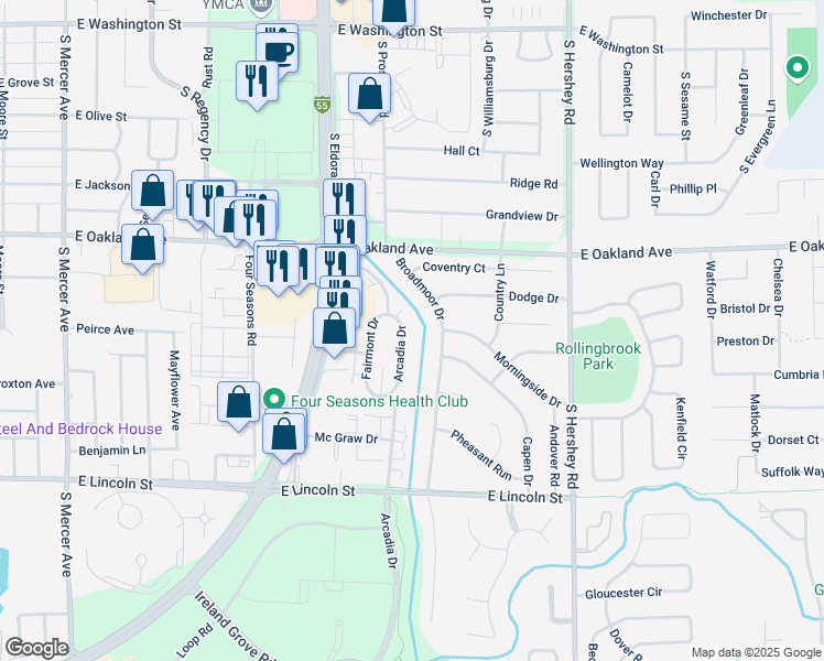 map of restaurants, bars, coffee shops, grocery stores, and more near 803 Broadmoor Drive in Bloomington