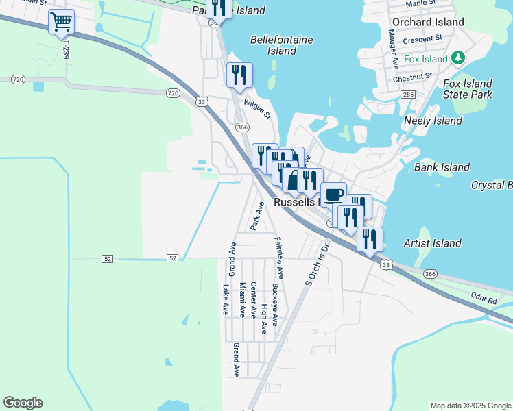 map of restaurants, bars, coffee shops, grocery stores, and more near 202 Grand Avenue in Russells Point