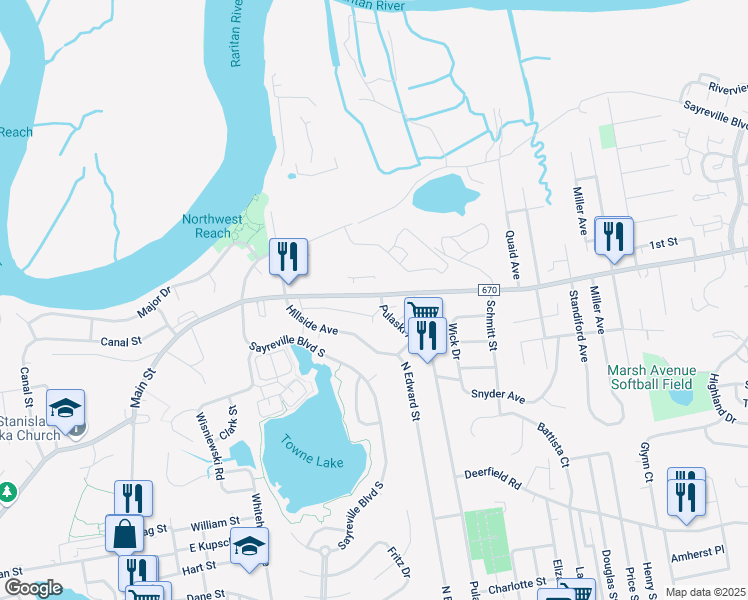 map of restaurants, bars, coffee shops, grocery stores, and more near 425 Main Street in Sayreville