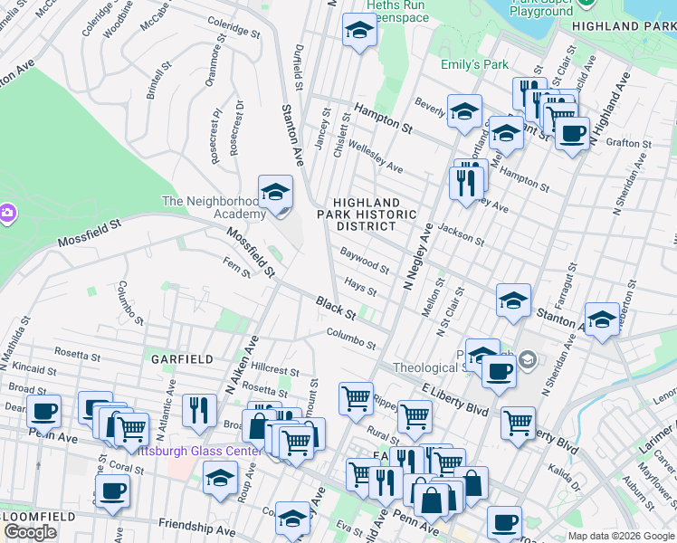 map of restaurants, bars, coffee shops, grocery stores, and more near 715 Chislett Street in Pittsburgh
