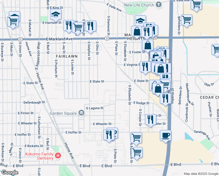 map of restaurants, bars, coffee shops, grocery stores, and more near 1213 East State Street in Kokomo