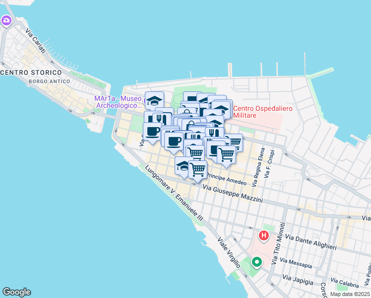 map of restaurants, bars, coffee shops, grocery stores, and more near 69 Via Domenico Acclavio in Taranto