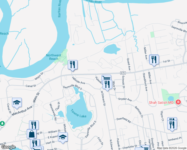 map of restaurants, bars, coffee shops, grocery stores, and more near 425 Main Street in Sayreville