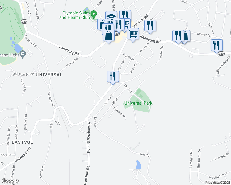 map of restaurants, bars, coffee shops, grocery stores, and more near 2540 School Street in Pittsburgh
