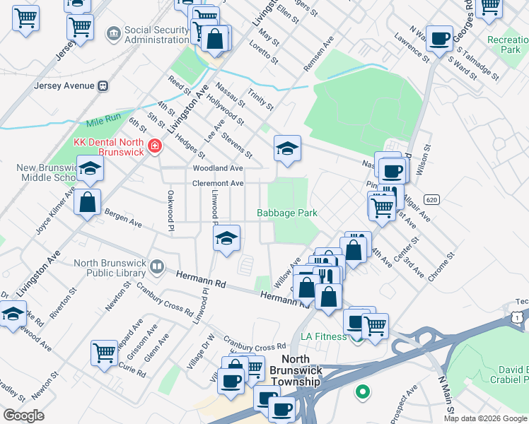 map of restaurants, bars, coffee shops, grocery stores, and more near 698 Edgewood Place in North Brunswick Township