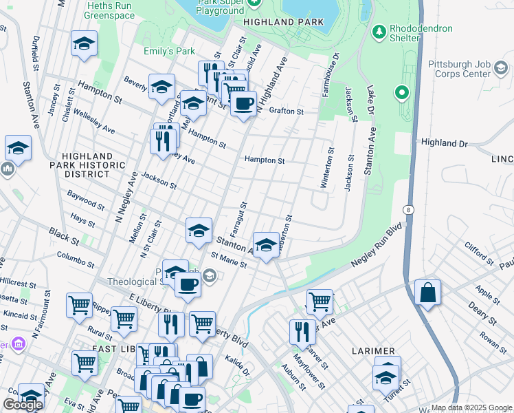 map of restaurants, bars, coffee shops, grocery stores, and more near 916 Farragut Street in Pittsburgh