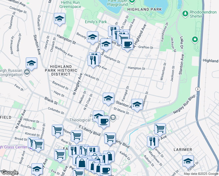 map of restaurants, bars, coffee shops, grocery stores, and more near 5820 Wayne Road in Pittsburgh
