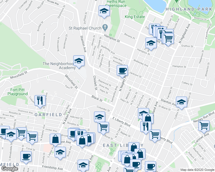 map of restaurants, bars, coffee shops, grocery stores, and more near 5443 Baywood Street in Pittsburgh