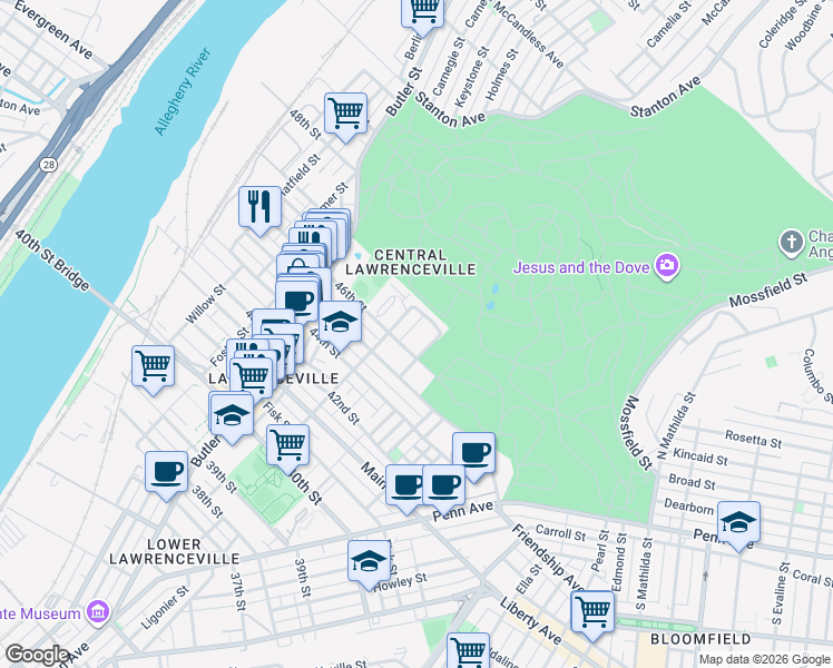 map of restaurants, bars, coffee shops, grocery stores, and more near 4620 Davison Street in Pittsburgh