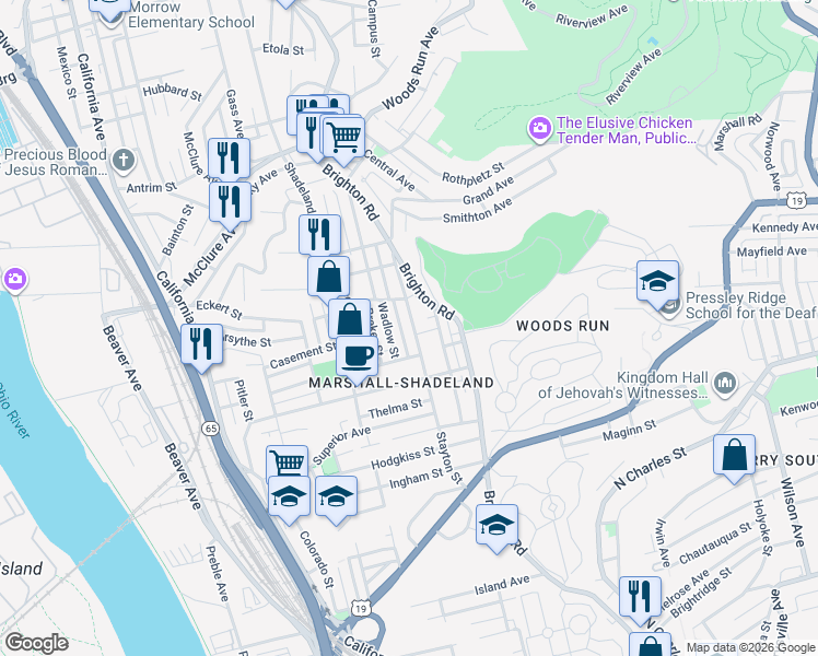 map of restaurants, bars, coffee shops, grocery stores, and more near 2917 Stayton Street in Pittsburgh