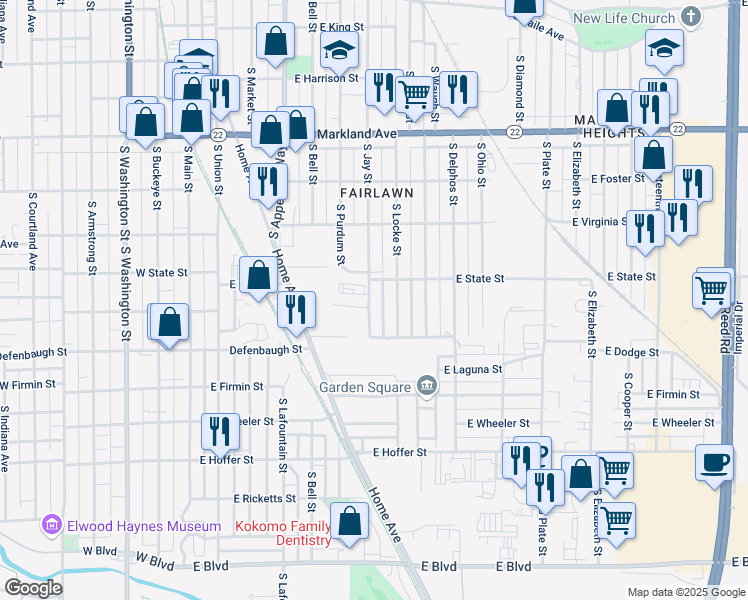 map of restaurants, bars, coffee shops, grocery stores, and more near 1303 South Locke Street in Kokomo