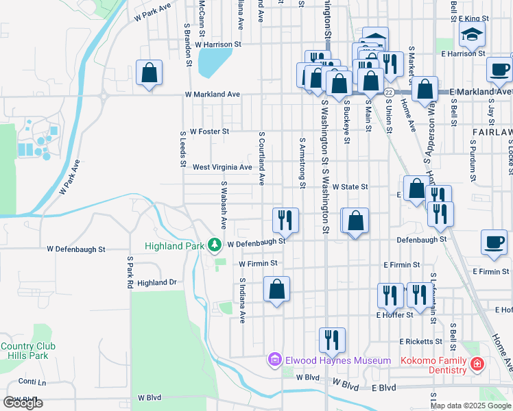 map of restaurants, bars, coffee shops, grocery stores, and more near 514 West Woodland Avenue in Kokomo