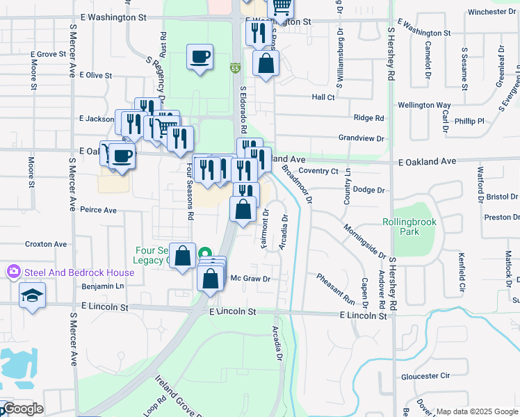 map of restaurants, bars, coffee shops, grocery stores, and more near 710 South Eldorado Road in Bloomington