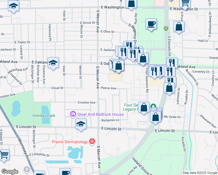 map of restaurants, bars, coffee shops, grocery stores, and more near 2116 Peirce Avenue in Bloomington