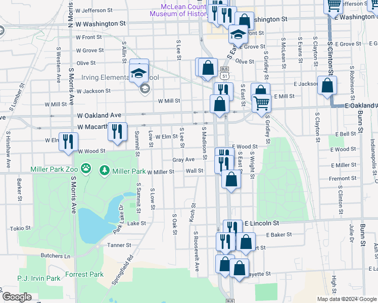 map of restaurants, bars, coffee shops, grocery stores, and more near 908 South Lee Street in Bloomington