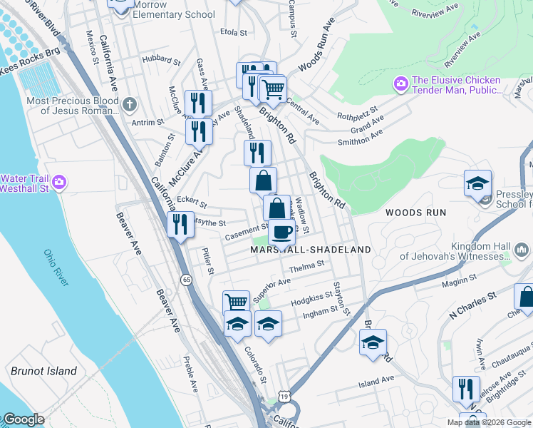 map of restaurants, bars, coffee shops, grocery stores, and more near 2929 Shadeland Avenue in Pittsburgh