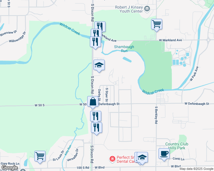 map of restaurants, bars, coffee shops, grocery stores, and more near 1301 South Styer Street in Kokomo