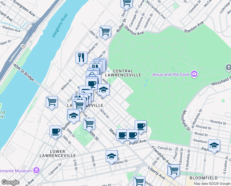 map of restaurants, bars, coffee shops, grocery stores, and more near 4620 Davison Street in Pittsburgh