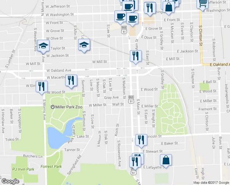 map of restaurants, bars, coffee shops, grocery stores, and more near 314 West Wood Street in Bloomington