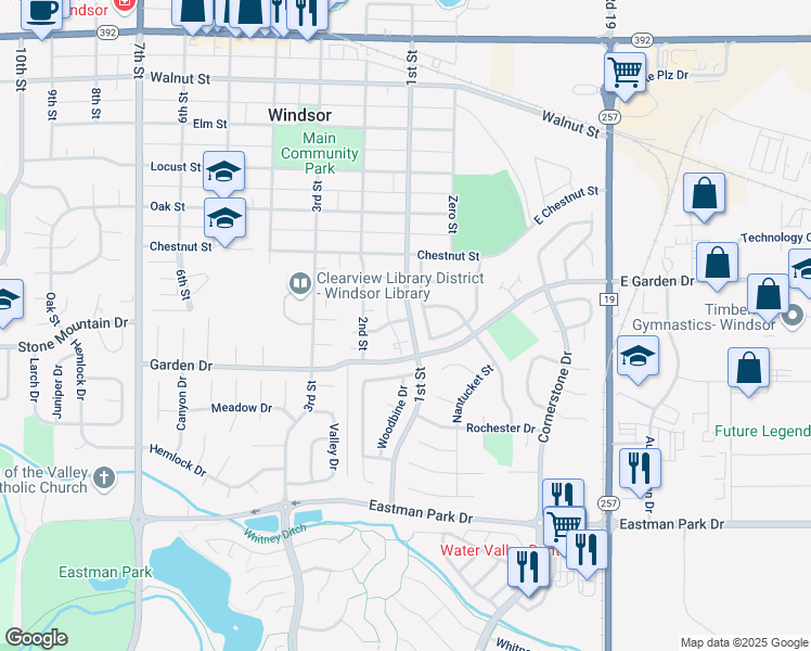 map of restaurants, bars, coffee shops, grocery stores, and more near 101 Crabapple Drive in Windsor