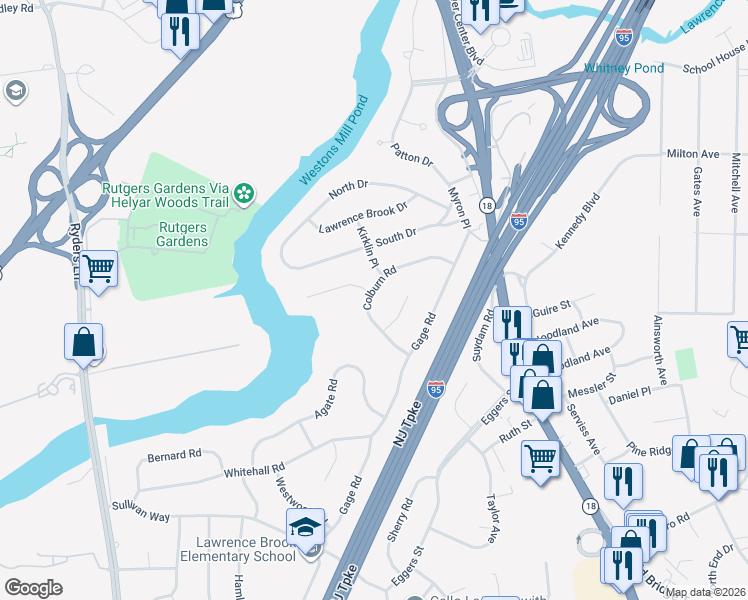 map of restaurants, bars, coffee shops, grocery stores, and more near 24 Colburn Road in East Brunswick