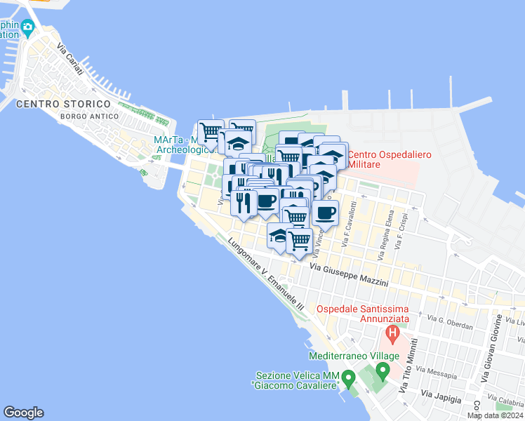 map of restaurants, bars, coffee shops, grocery stores, and more near 144 Via d'Aquino in Taranto