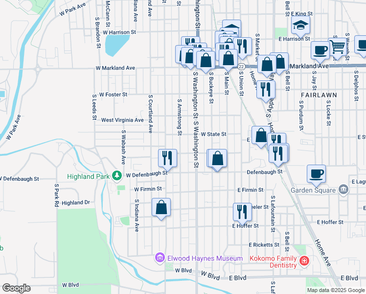 map of restaurants, bars, coffee shops, grocery stores, and more near 1324 South Armstrong Street in Kokomo