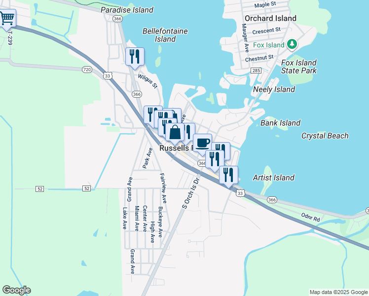map of restaurants, bars, coffee shops, grocery stores, and more near in Russells Point