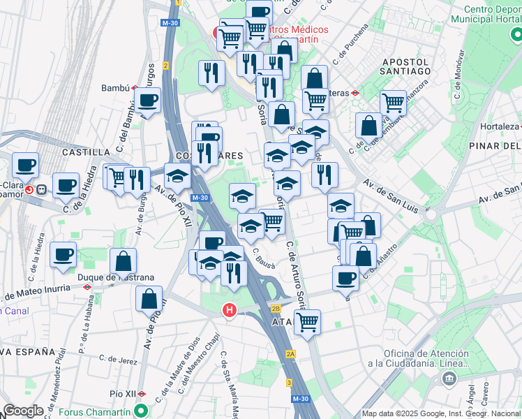 map of restaurants, bars, coffee shops, grocery stores, and more near 5 Calle de Serrano Galvache in Madrid