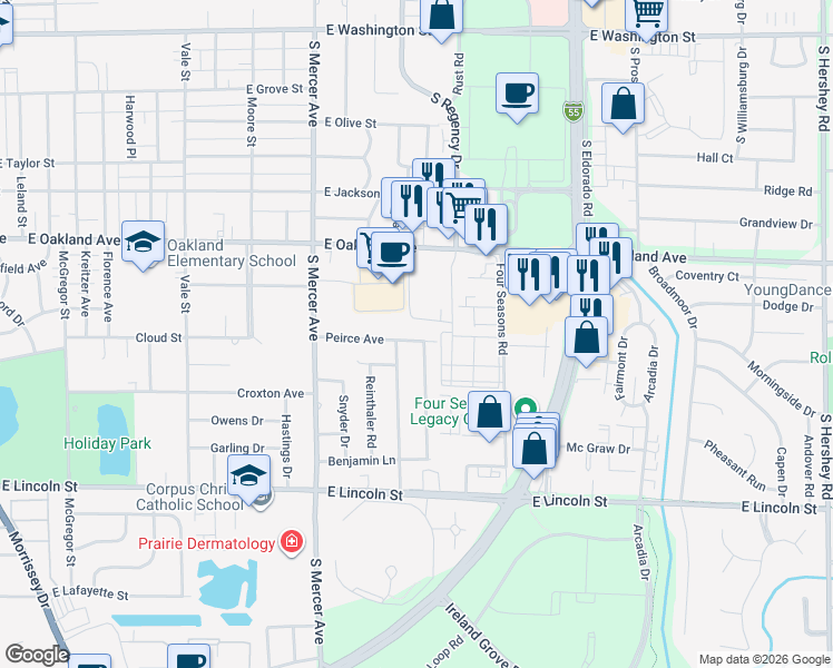 map of restaurants, bars, coffee shops, grocery stores, and more near 2208 Peirce Avenue in Bloomington