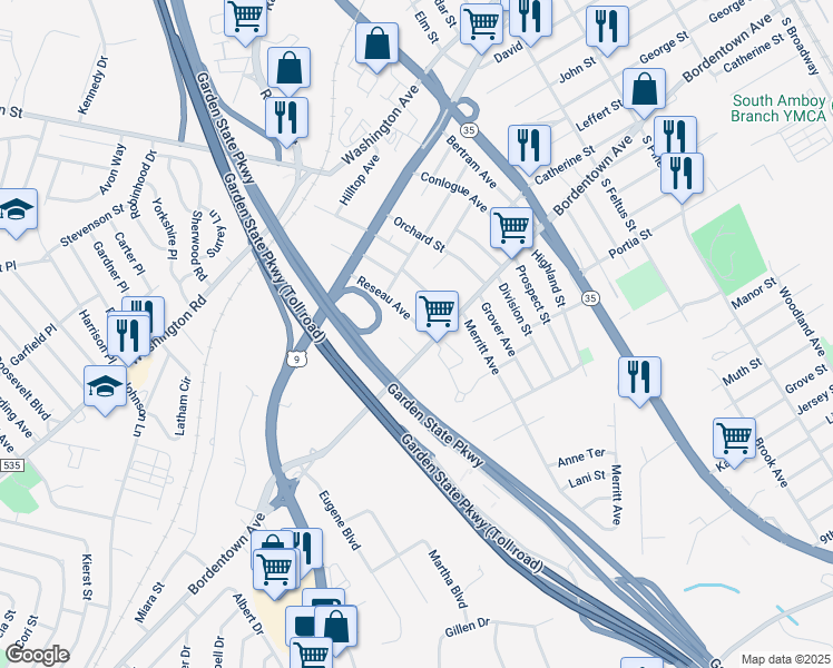 map of restaurants, bars, coffee shops, grocery stores, and more near 6 Reseau Avenue in South Amboy