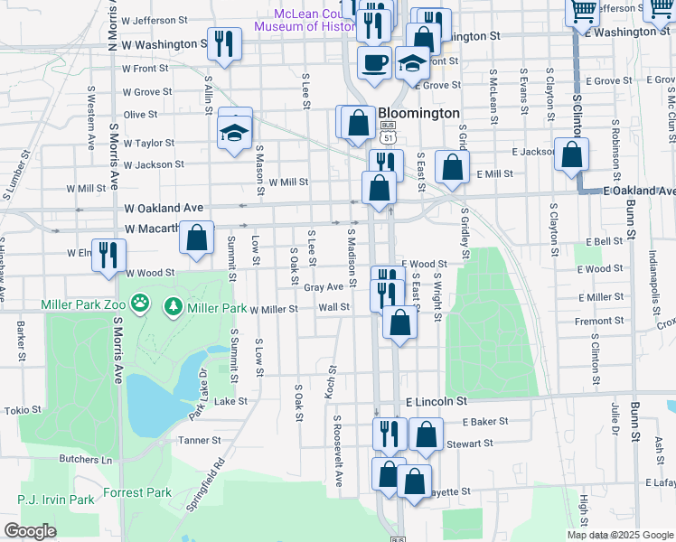 map of restaurants, bars, coffee shops, grocery stores, and more near 308 West Wood Street in Bloomington