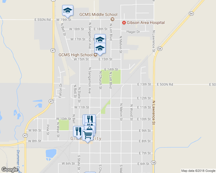 map of restaurants, bars, coffee shops, grocery stores, and more near 535 North Lott Boulevard in Gibson City