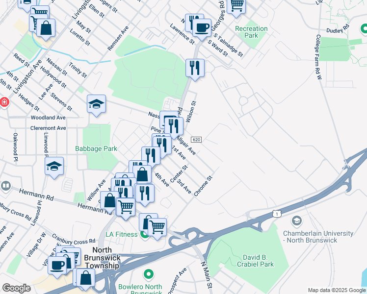 map of restaurants, bars, coffee shops, grocery stores, and more near 586 Allgair Avenue in North Brunswick Township