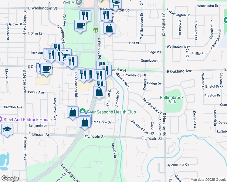 map of restaurants, bars, coffee shops, grocery stores, and more near 701 Arcadia Drive in Bloomington