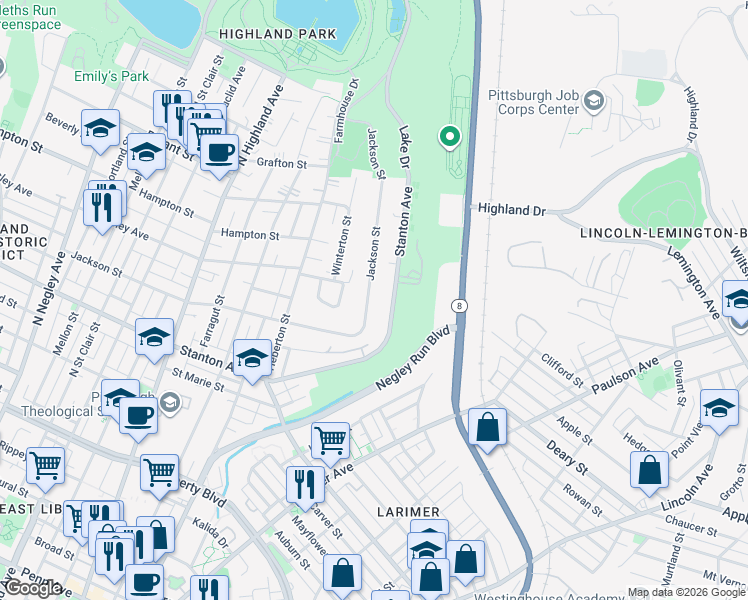 map of restaurants, bars, coffee shops, grocery stores, and more near 6450 Jackson Street in Pittsburgh