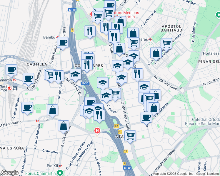 map of restaurants, bars, coffee shops, grocery stores, and more near 5 Calle de Serrano Galvache in Madrid