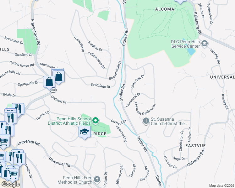 map of restaurants, bars, coffee shops, grocery stores, and more near 341 Stotler Road in Pittsburgh