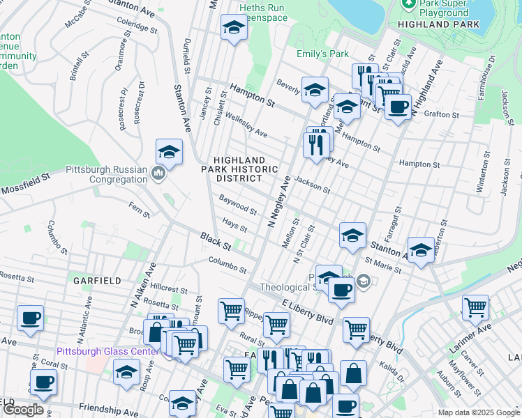 map of restaurants, bars, coffee shops, grocery stores, and more near 5530 Stanton Avenue in Pittsburgh