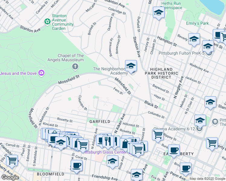 map of restaurants, bars, coffee shops, grocery stores, and more near 247 Fern Street in Pittsburgh