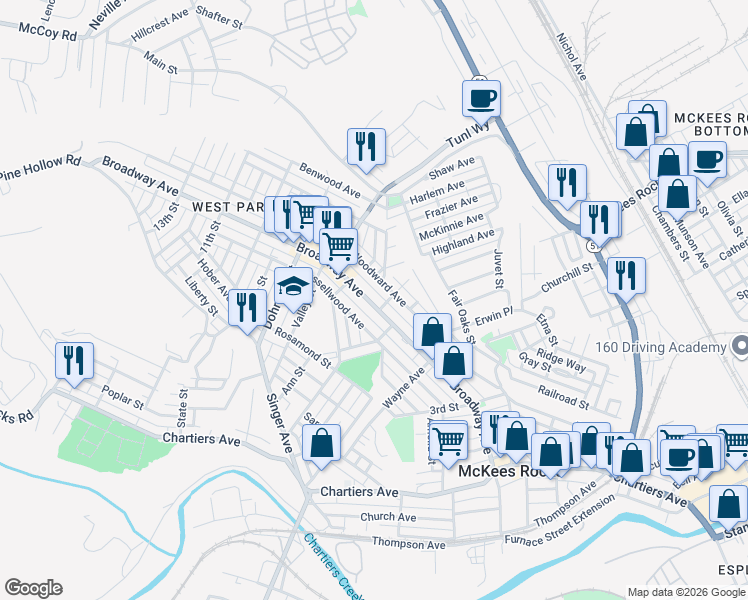 map of restaurants, bars, coffee shops, grocery stores, and more near 613 Penn Alley in McKees Rocks